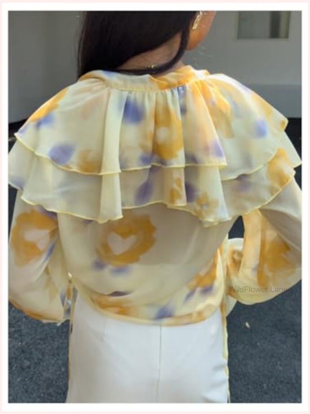 Floral Ruffle Blouse Tie Neck Bell Sleeve Layered Top - Picture 3 of 5